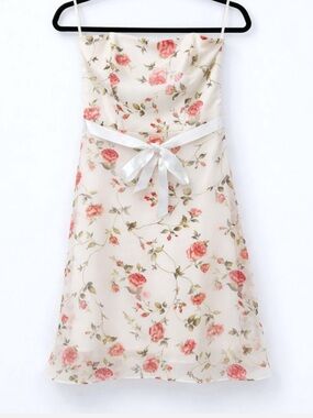 Vintage Y2K Jessica McClintock Bridal Strapless White Pink Floral Dress, Size 8